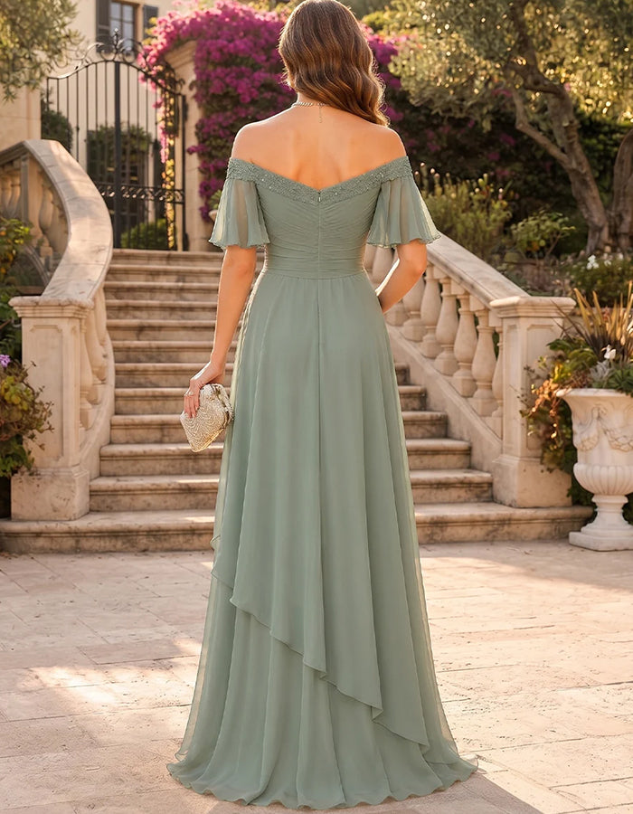 Maxi-jurk van chiffon met blote schouders, vlindermouwen en rimpeldetails