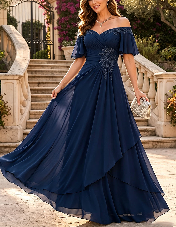Maxi-jurk van chiffon met blote schouders, vlindermouwen en rimpeldetails