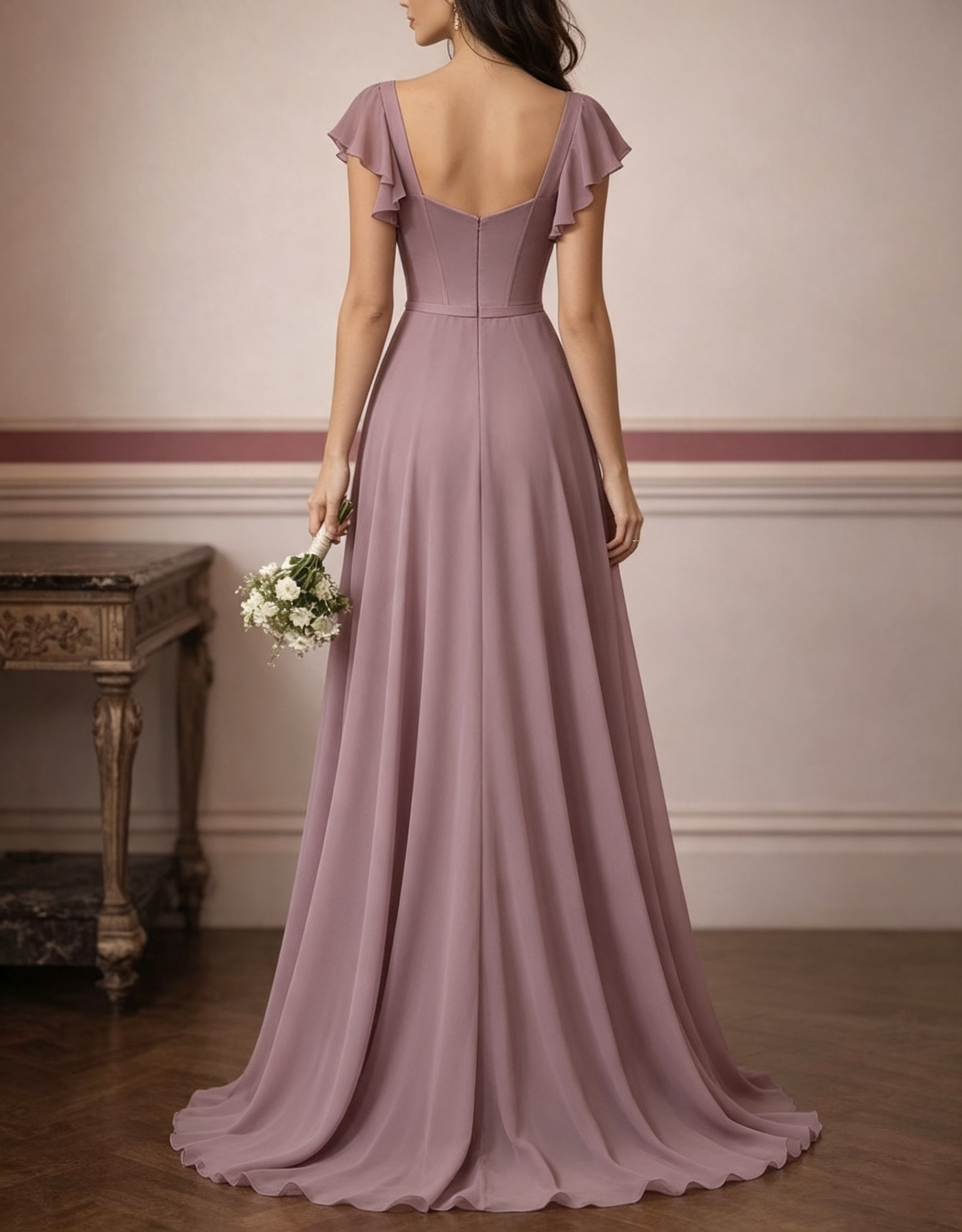 Square Neck Satin Corset Chiffon A‑Line Slit Maxi Dress