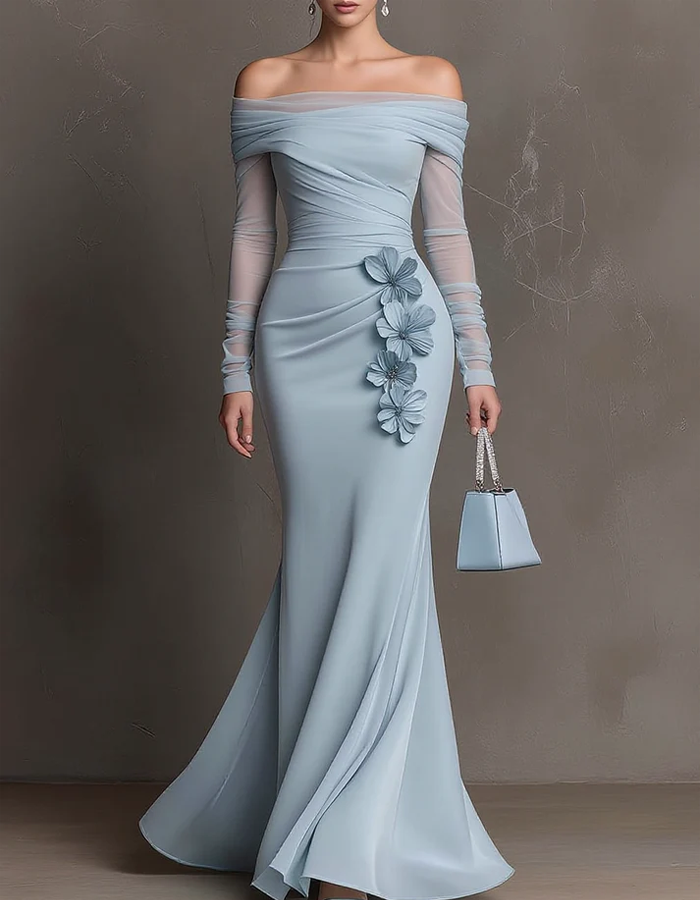 Robe longue bleu clair à épaules dénudées avec appliqués floraux en 3D