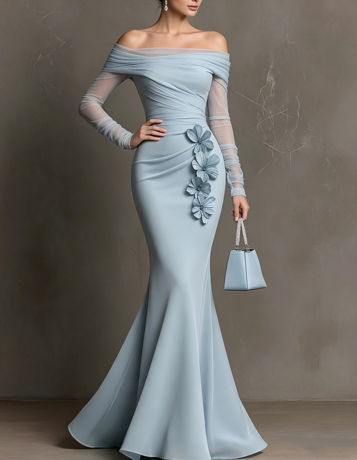 Robe longue bleu clair à épaules dénudées avec appliqués floraux en 3D