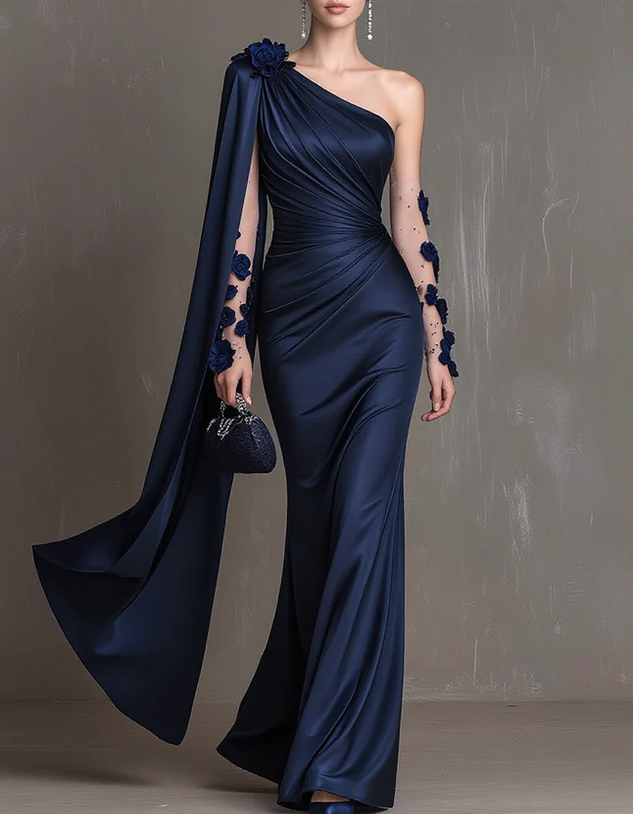 Vestido de noche largo de satén azul marino, de un solo hombro y corte sirena