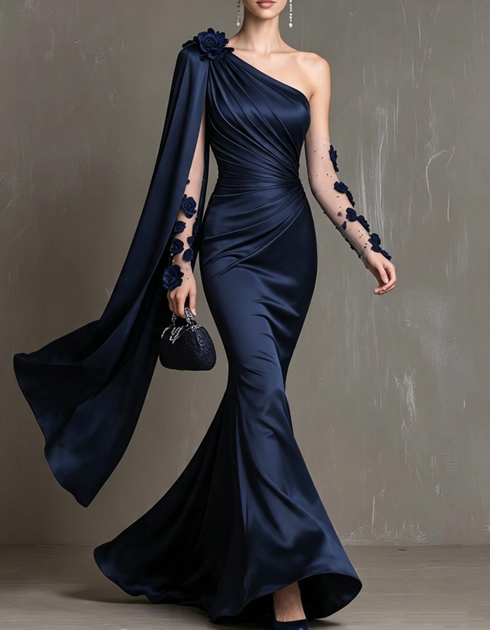 Vestido de noche largo de satén azul marino, de un solo hombro y corte sirena