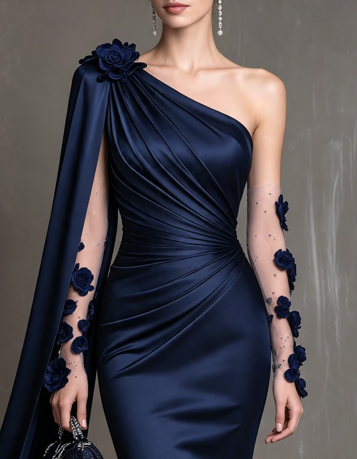 Vestido de noche largo de satén azul marino, de un solo hombro y corte sirena