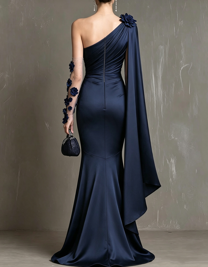 Vestido de noche largo de satén azul marino, de un solo hombro y corte sirena