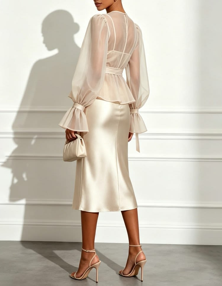 Robe midi avec caraco en satin, boléro en mousseline à manches bouffantes, ceinture et haut superposé
