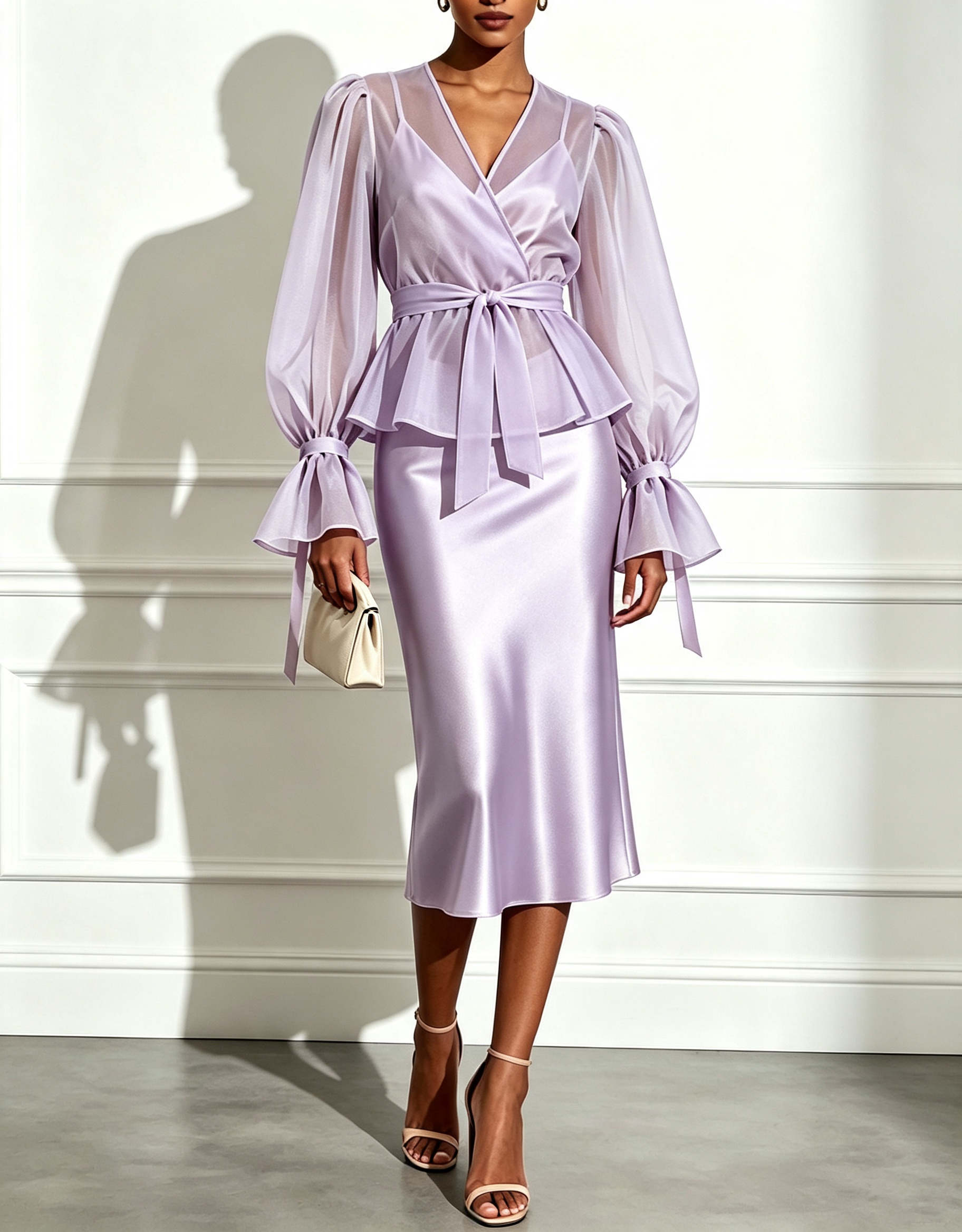 Robe midi avec caraco en satin, boléro en mousseline à manches bouffantes, ceinture et haut superposé