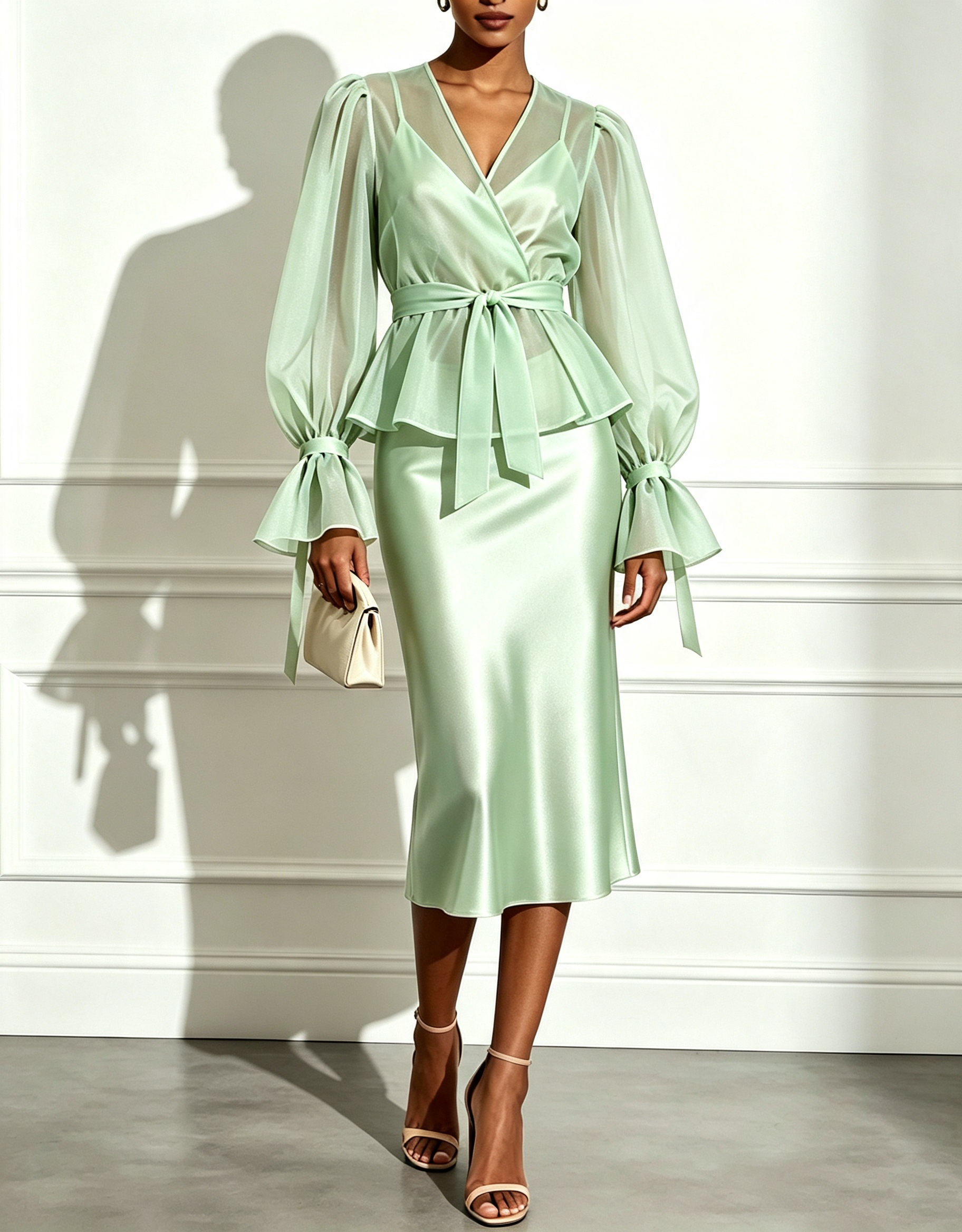 Robe midi avec caraco en satin, boléro en mousseline à manches bouffantes, ceinture et haut superposé