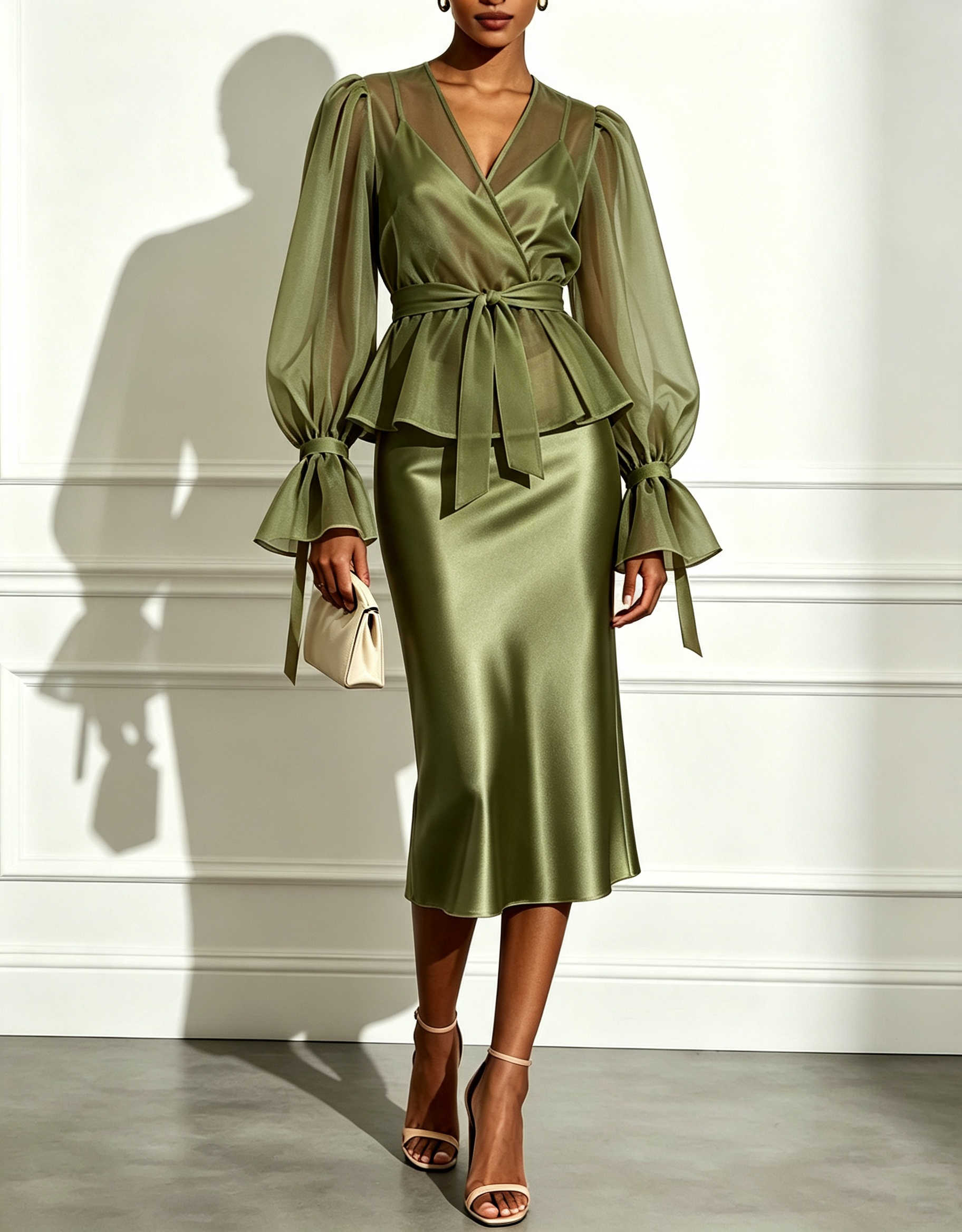 Robe midi avec caraco en satin, boléro en mousseline à manches bouffantes, ceinture et haut superposé
