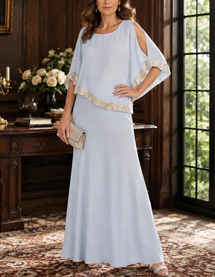 Cold‑Shoulder Sequin Trim Cape Maxi Dress