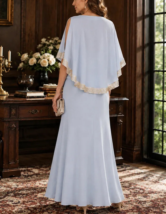 Cold‑Shoulder Sequin Trim Cape Maxi Dress