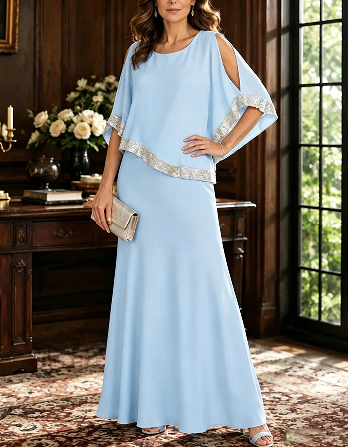 Cold‑Shoulder Sequin Trim Cape Maxi Dress