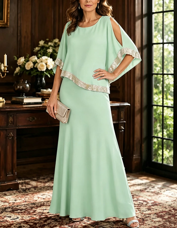 Cold‑Shoulder Sequin Trim Cape Maxi Dress