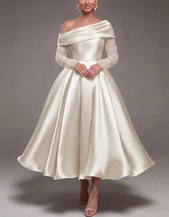 Elegant Off‑Shoulder Satin Long Mesh Sleeve A‑Line Midi Dress