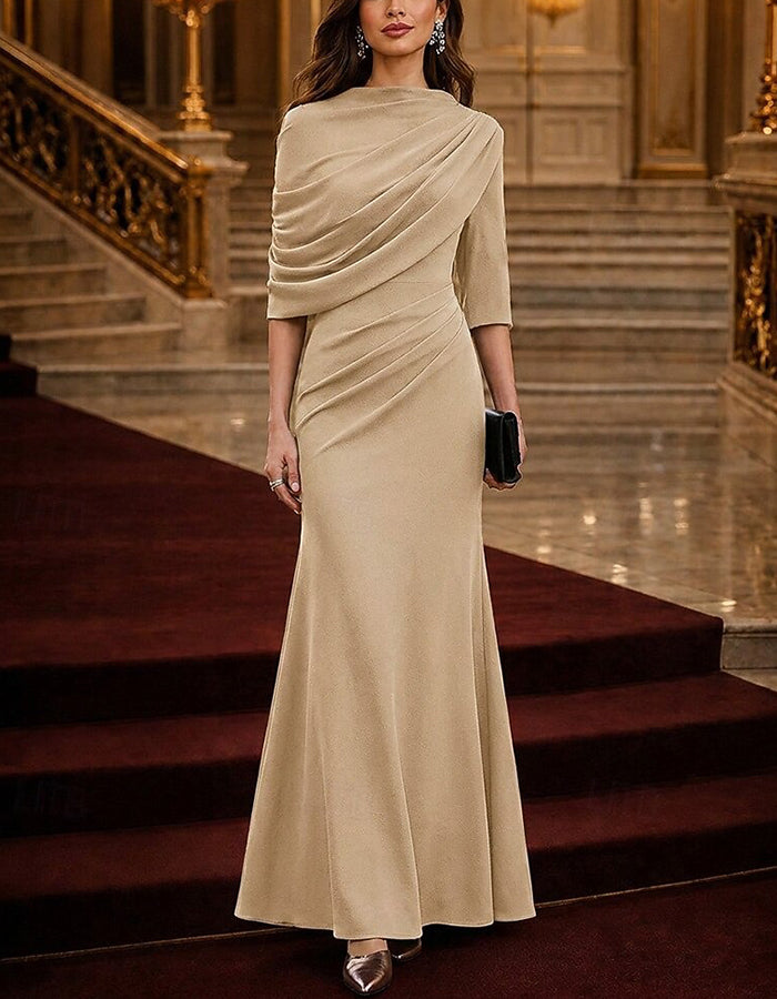 Ruched Mock Neck Mermaid 3/4 Sleeve Maxi Dress