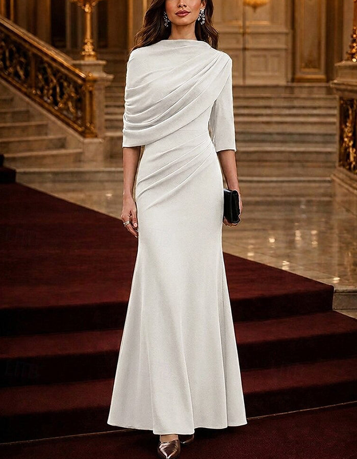 Ruched Mock Neck Mermaid 3/4 Sleeve Maxi Dress