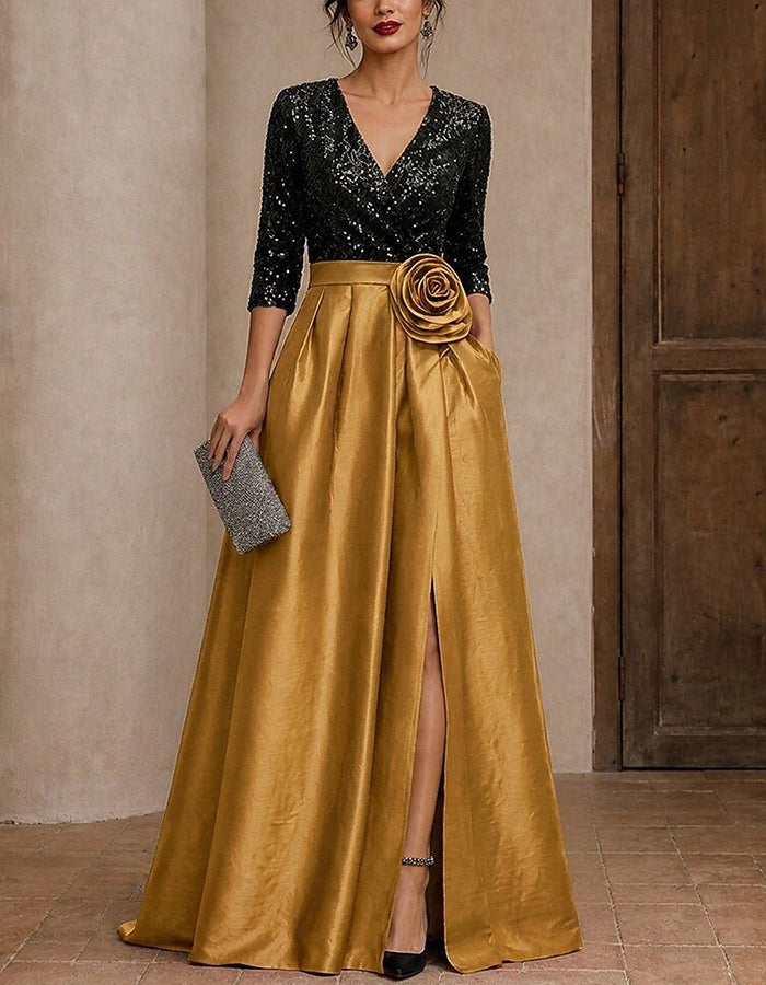 Sequin V‑Neck 3/4 Sleeve Satin A‑Line Slit Maxi Dress