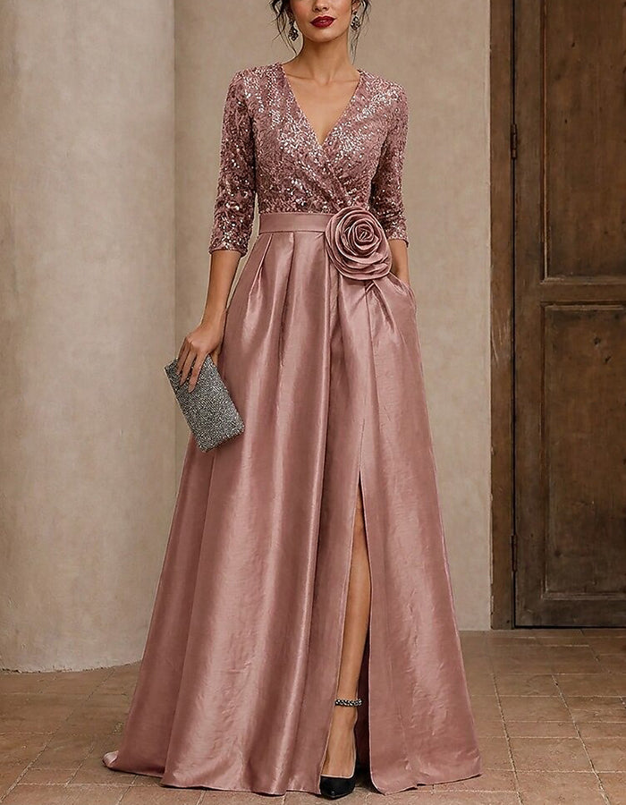 Sequin V‑Neck 3/4 Sleeve Satin A‑Line Slit Maxi Dress