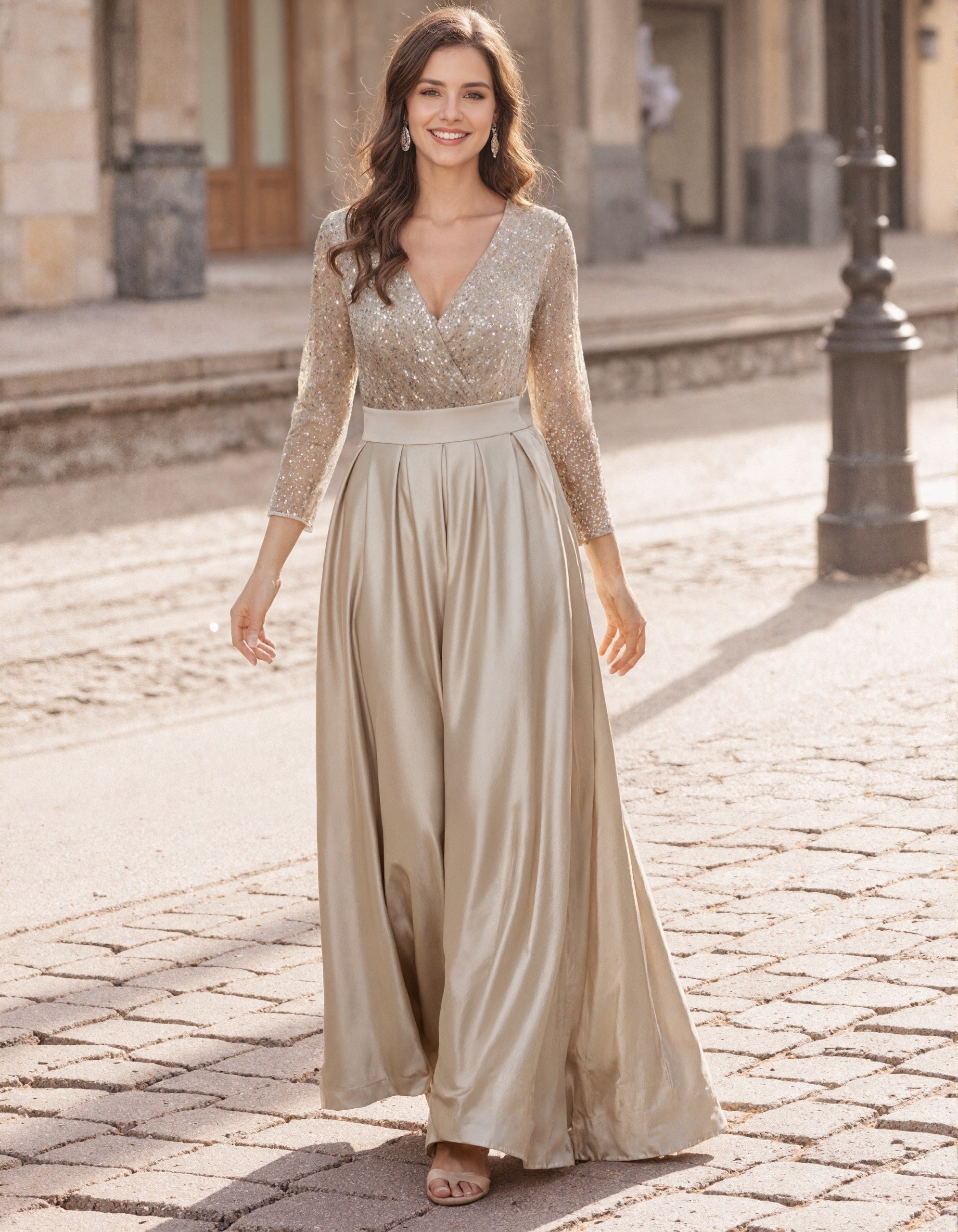 Abito lungo maxi in raso color champagne, con paillettes, scollo a V e maniche lunghe