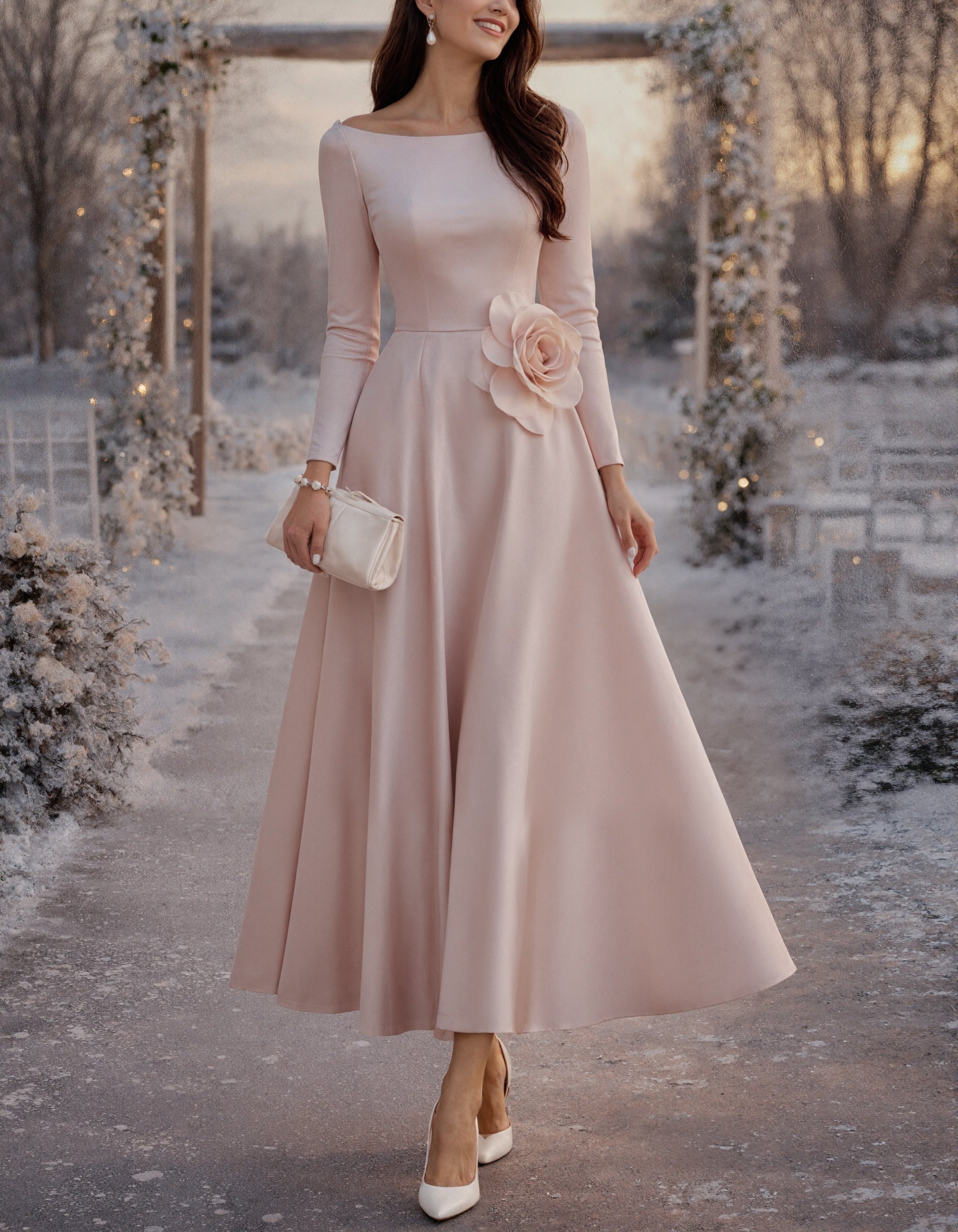 Robe longue en satin rose à encolure bateau et manches longues