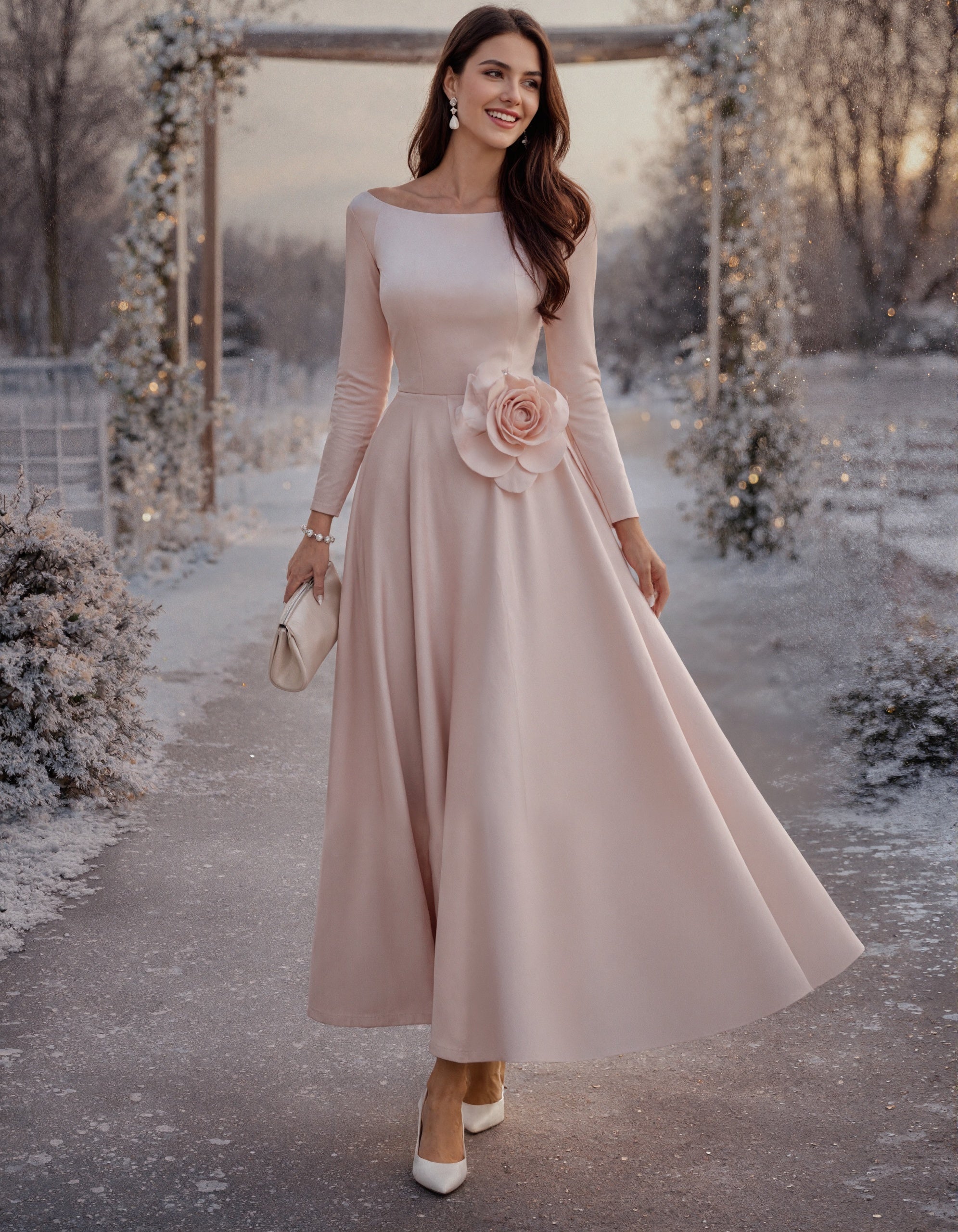 Robe longue en satin rose à encolure bateau et manches longues