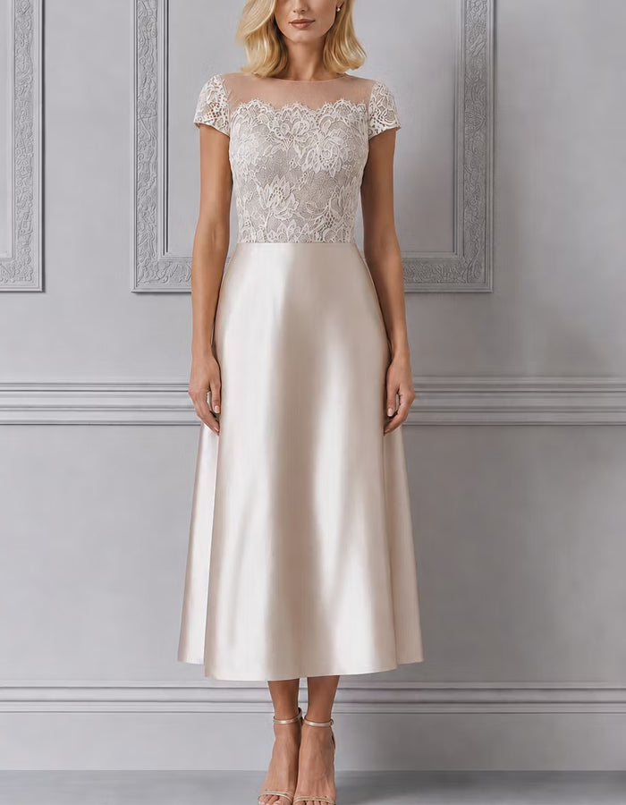 Rochie midi din satin, de culoarea șampaniei, cu decolteu din tul și dantelă