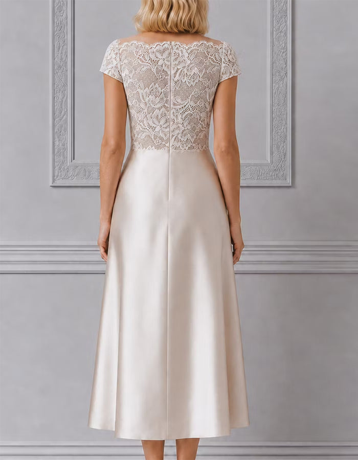 Rochie midi din satin, de culoarea șampaniei, cu decolteu din tul și dantelă