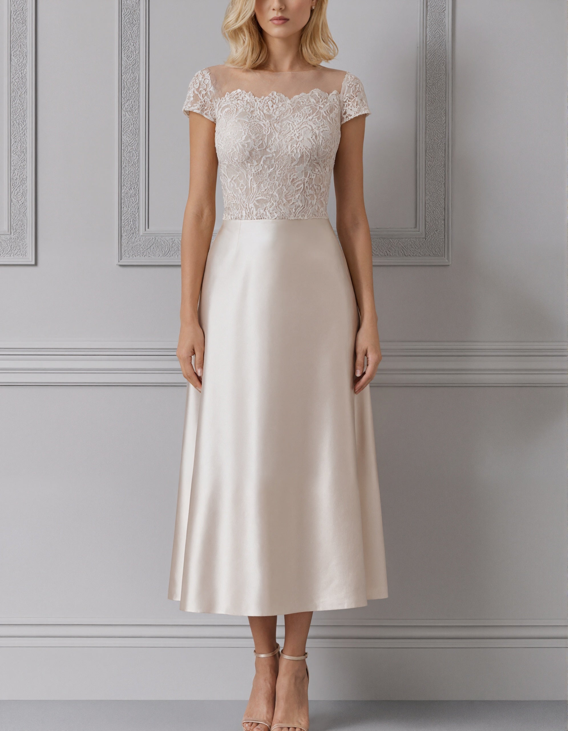 Rochie midi din satin, de culoarea șampaniei, cu decolteu din tul și dantelă