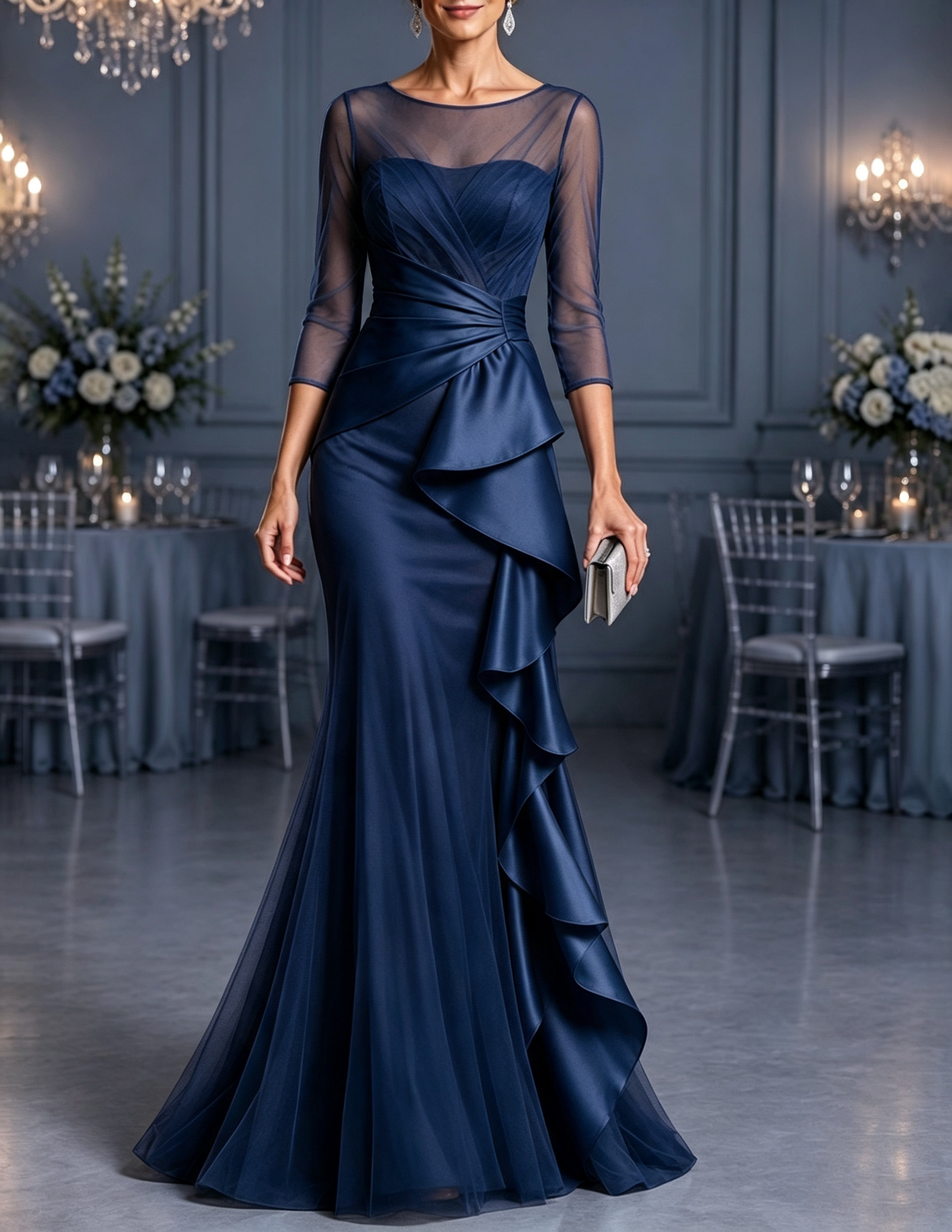 Meerjungfrau-Maxikleid mit Illusions-Rundhalsausschnitt, Tüll- und Satin-Volants in Kaskadenform sowie 3/4-Ärmeln