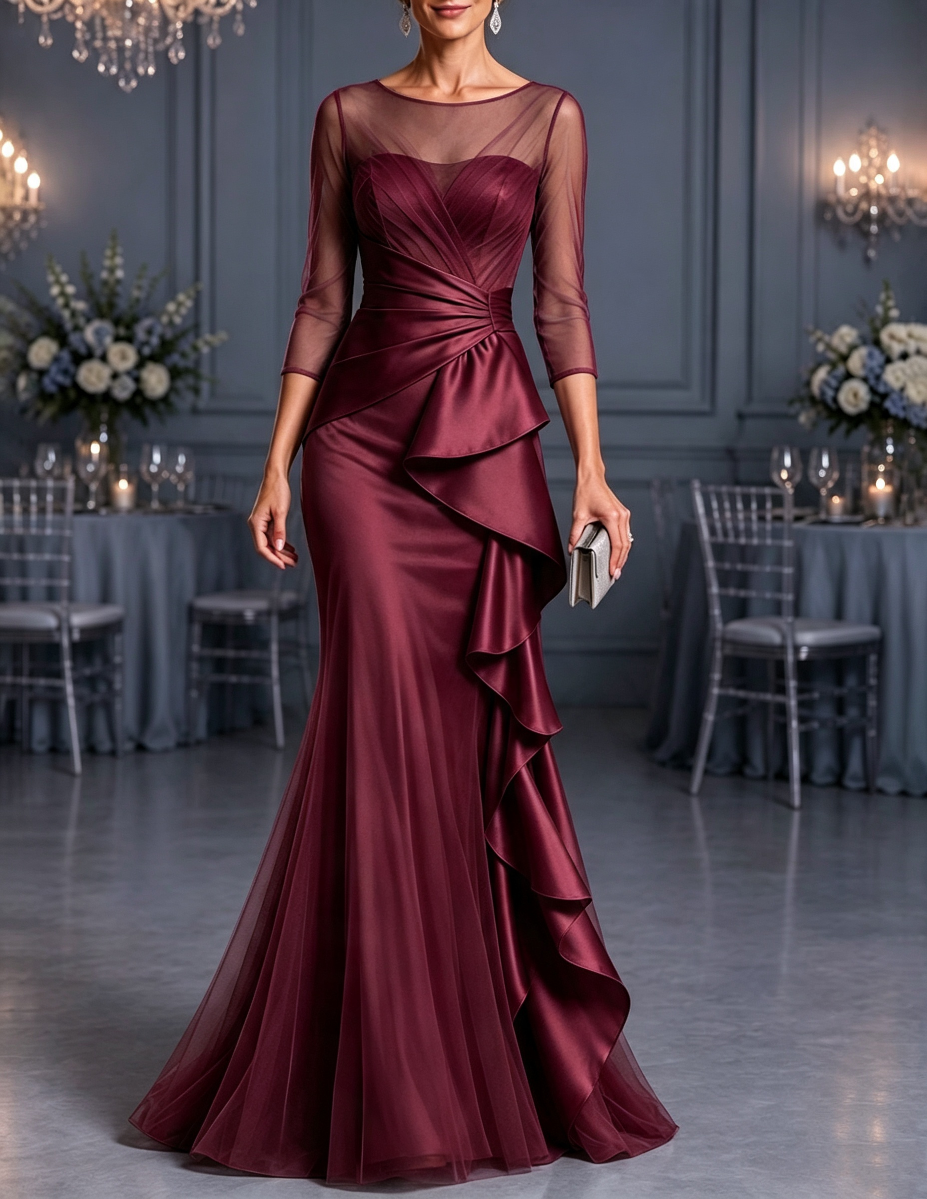 Vestido maxi sereia com decote redondo ilusão, folhos em cascata de tule e cetim e mangas a 3/4