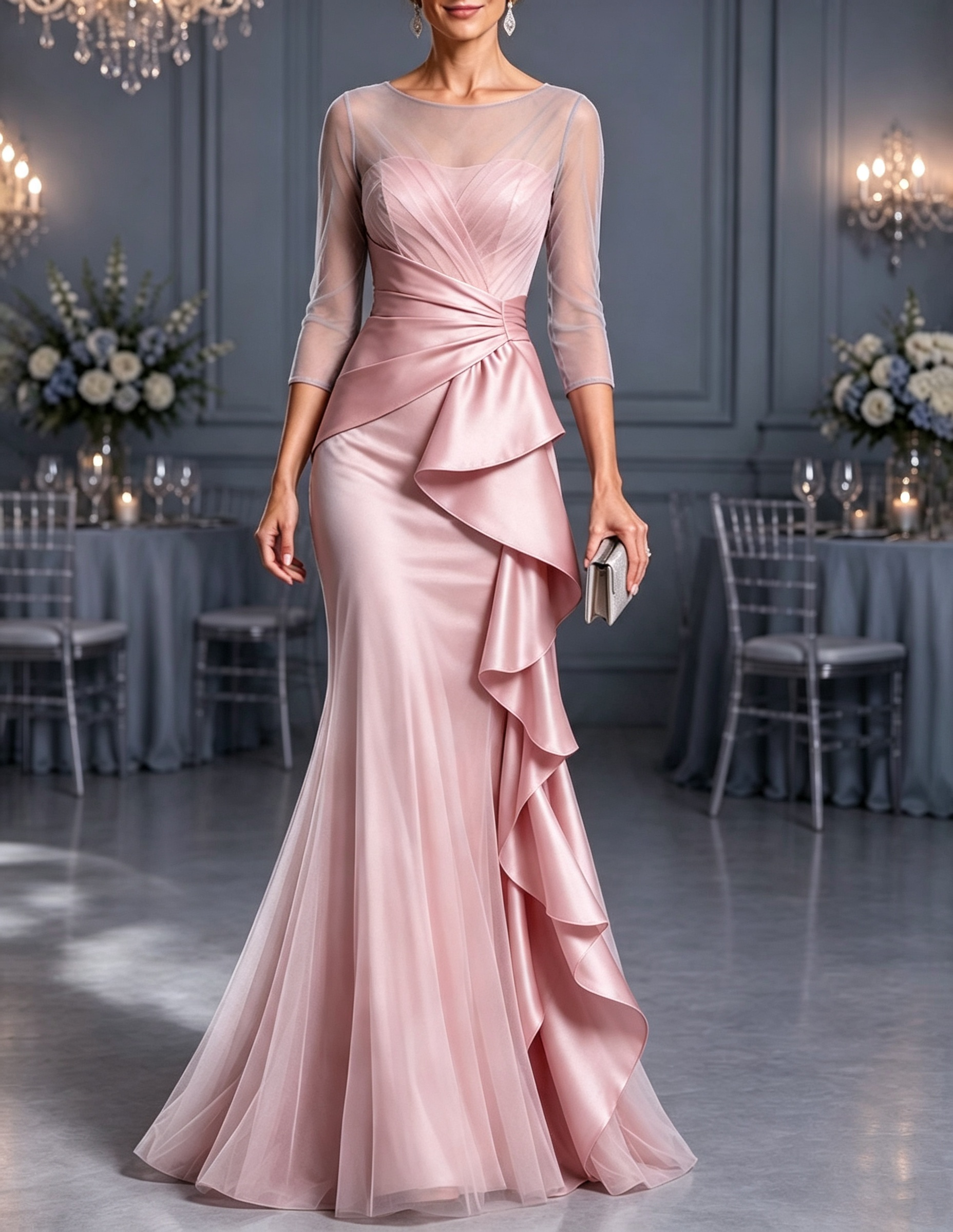 Vestido maxi sereia com decote redondo ilusão, folhos em cascata de tule e cetim e mangas a 3/4