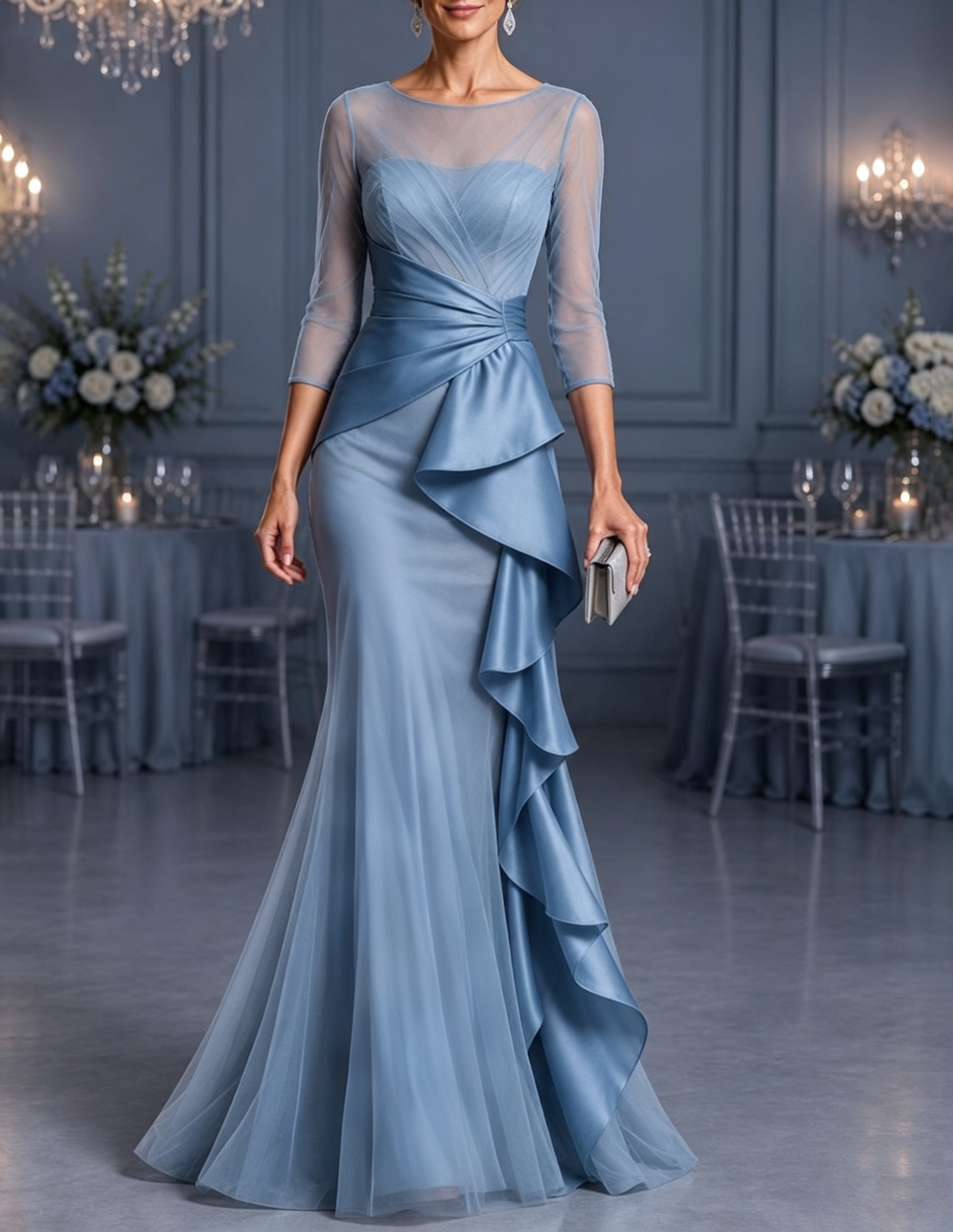 Meerjungfrau-Maxikleid mit Illusions-Rundhalsausschnitt, Tüll- und Satin-Volants in Kaskadenform sowie 3/4-Ärmeln