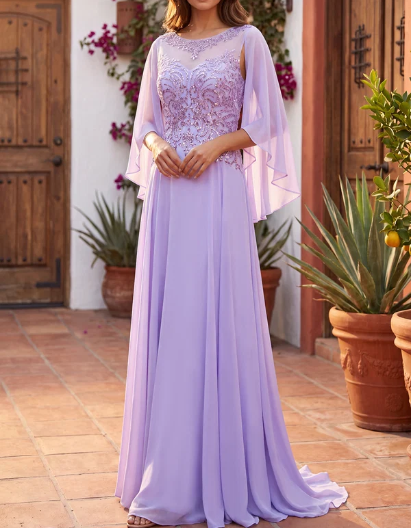 Vestido maxi evasé com mangas-capa de chiffon ilusão, bordado de renda com missangas