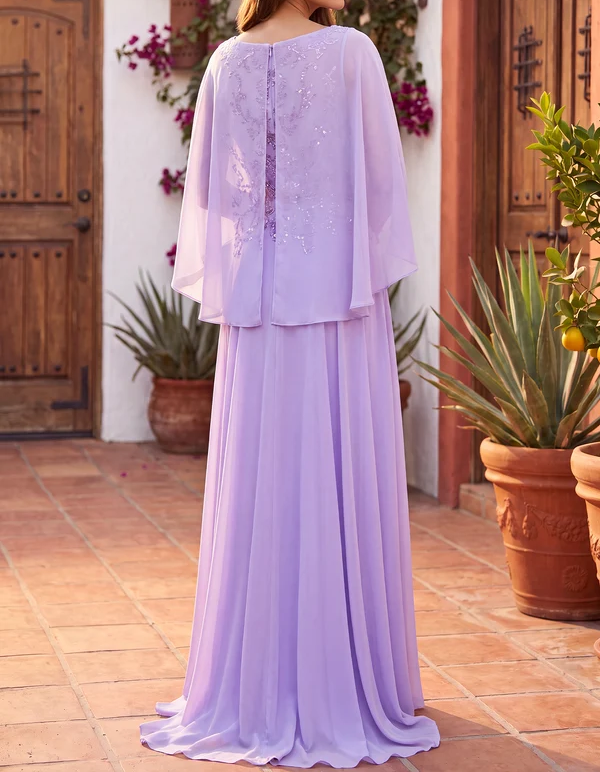 Maxikleid in A-Linie mit Illusions-Chiffon-Cape-Ärmeln, Perlen und Spitzenstickerei