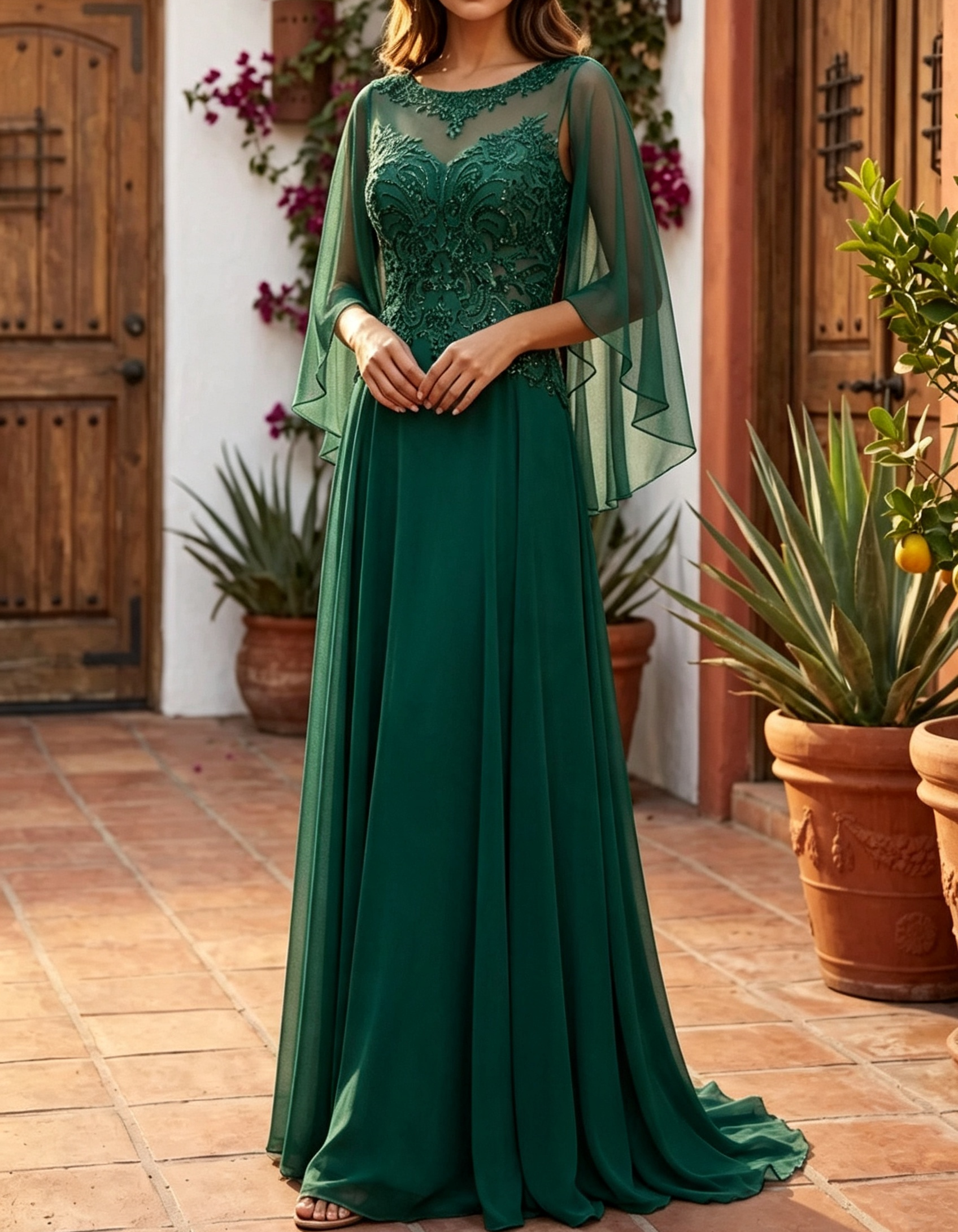Maxikleid in A-Linie mit Illusions-Chiffon-Cape-Ärmeln, Perlen und Spitzenstickerei
