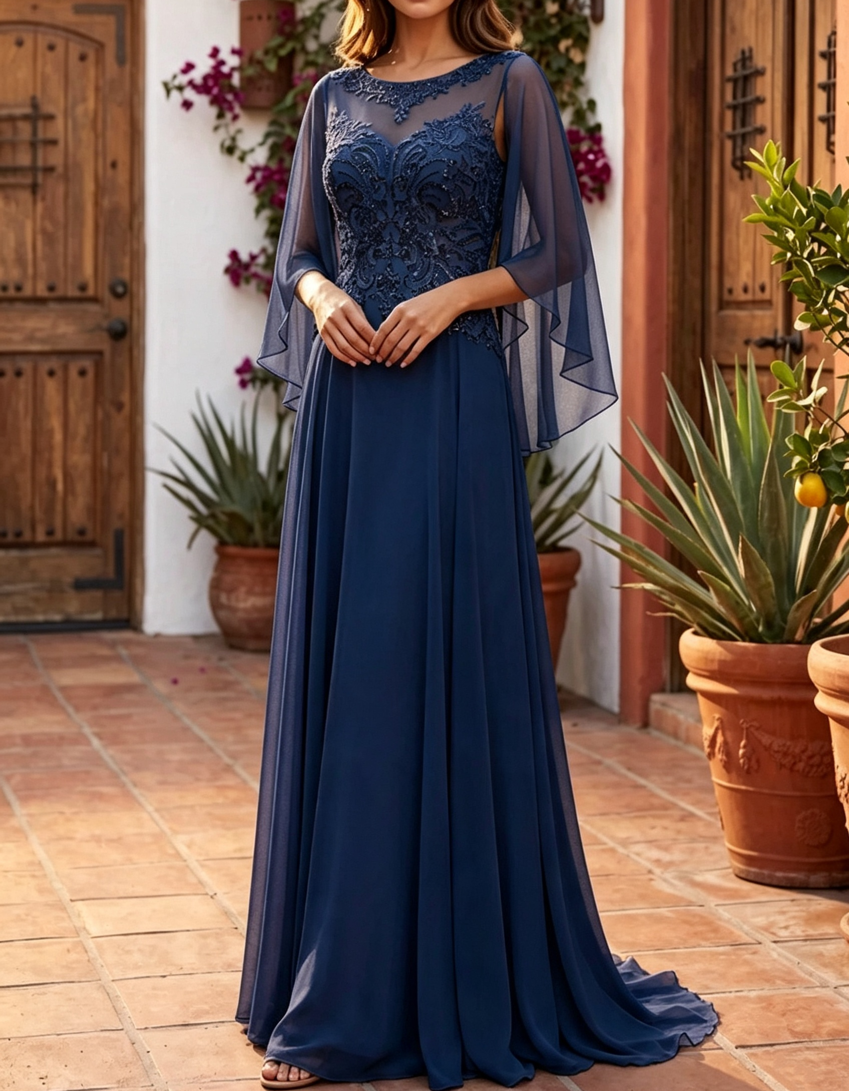 Maxikleid in A-Linie mit Illusions-Chiffon-Cape-Ärmeln, Perlen und Spitzenstickerei