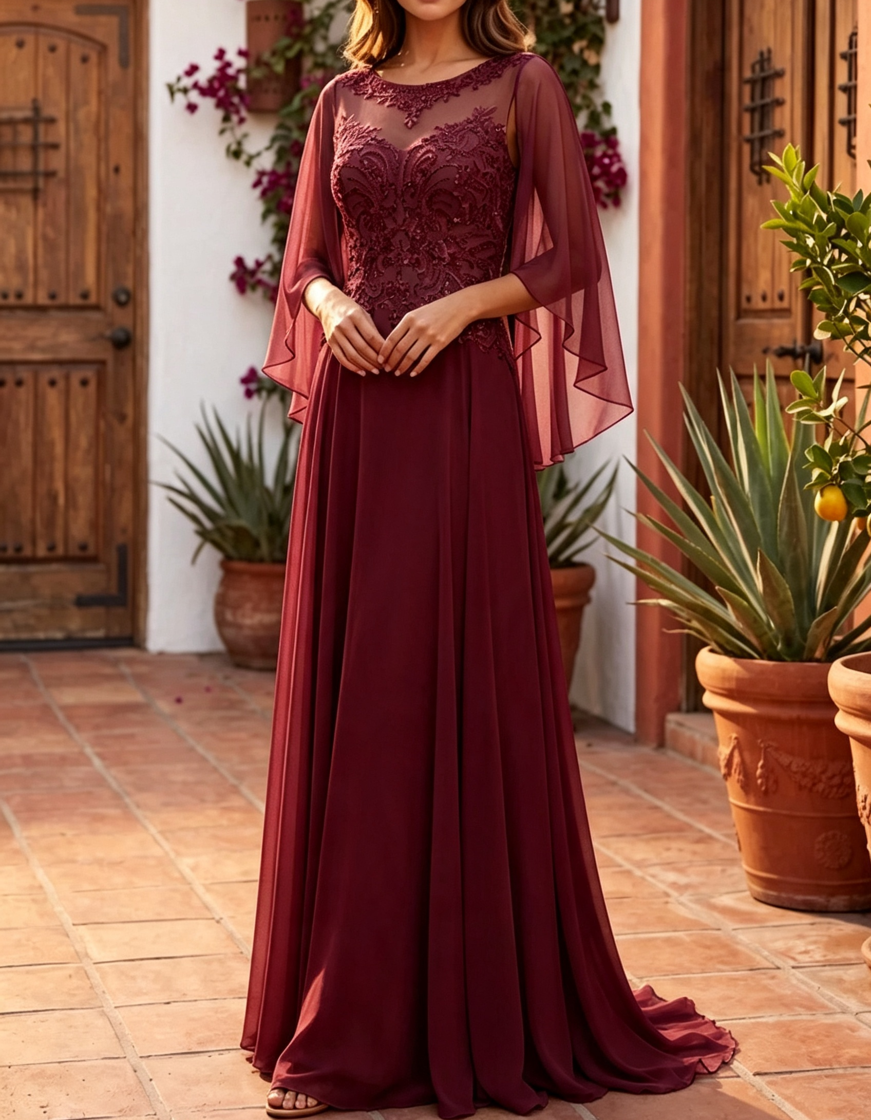 Vestido maxi evasé com mangas-capa de chiffon ilusão, bordado de renda com missangas