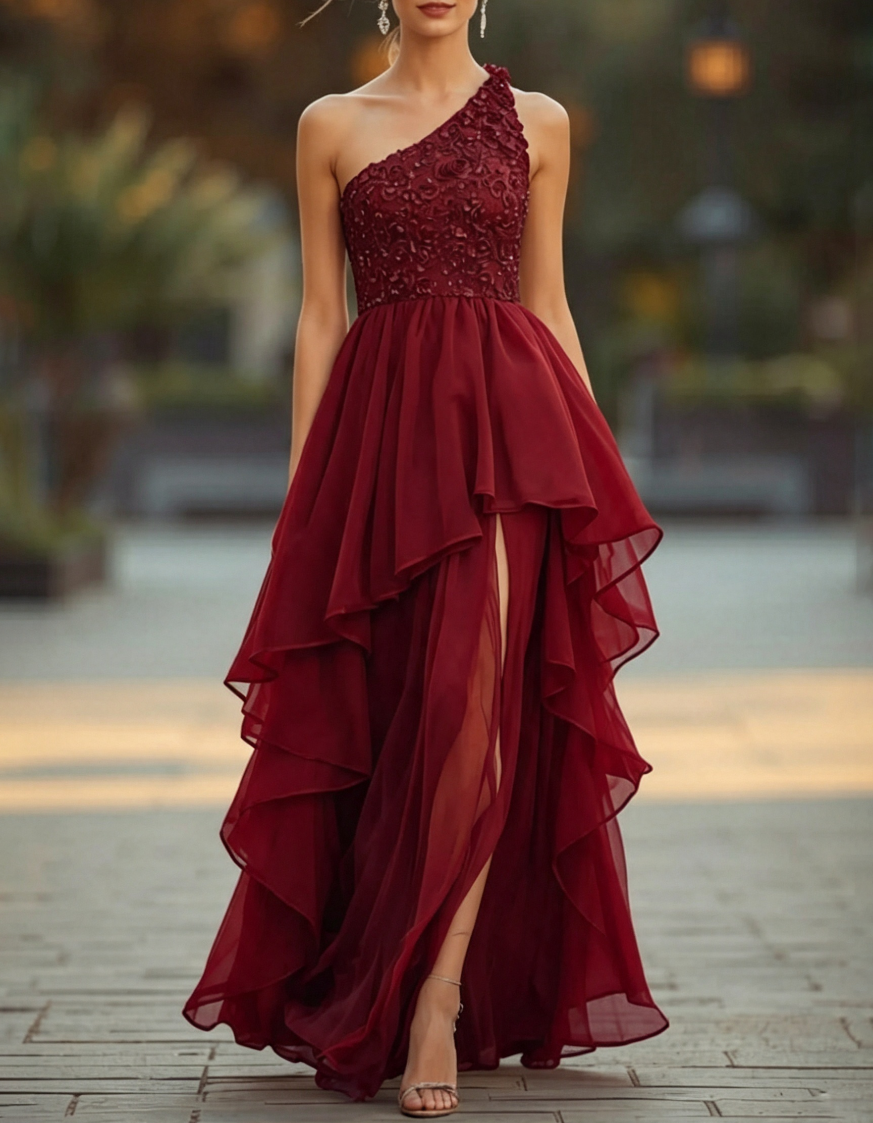 Vestido de noite comprido, de chiffon, linha A, com um ombro, aplicações de renda, camadas e abertura lateral