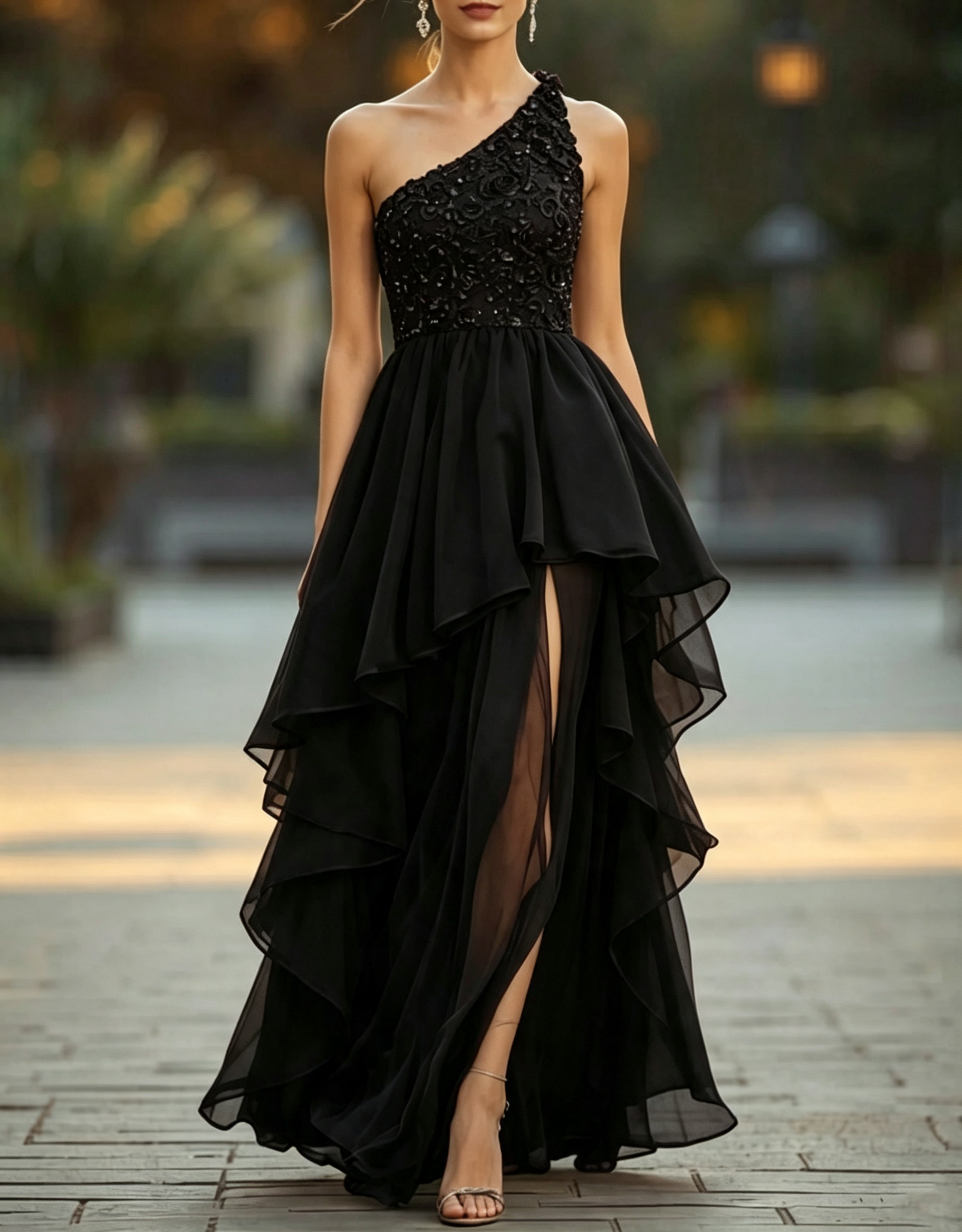 Vestido de noite comprido, de chiffon, linha A, com um ombro, aplicações de renda, camadas e abertura lateral