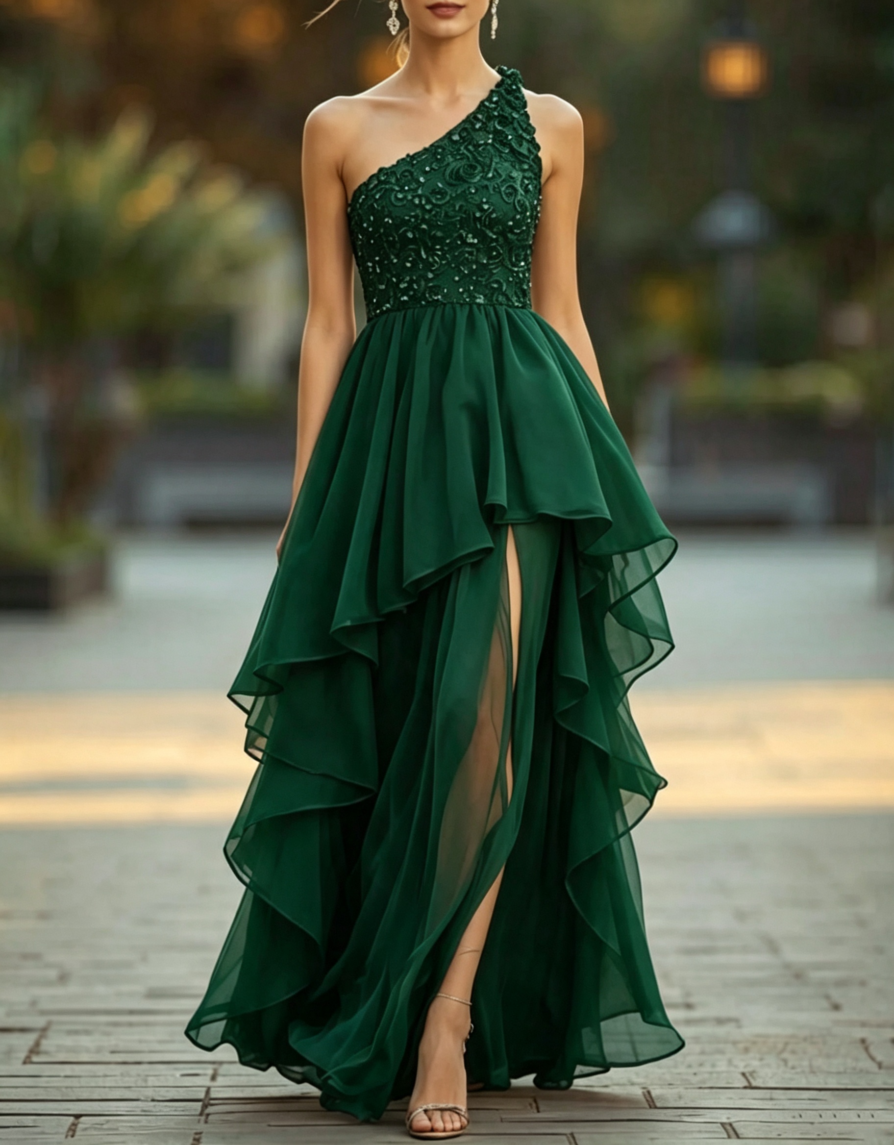Vestido de noite comprido, de chiffon, linha A, com um ombro, aplicações de renda, camadas e abertura lateral