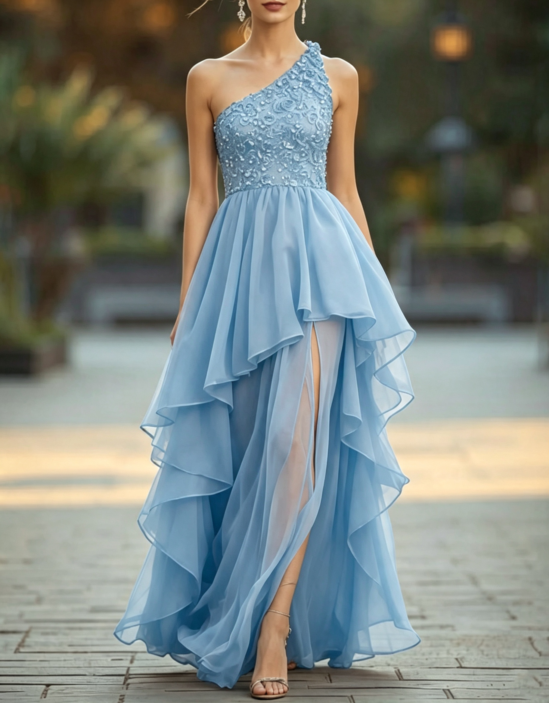 Vestido de noite comprido, de chiffon, linha A, com um ombro, aplicações de renda, camadas e abertura lateral