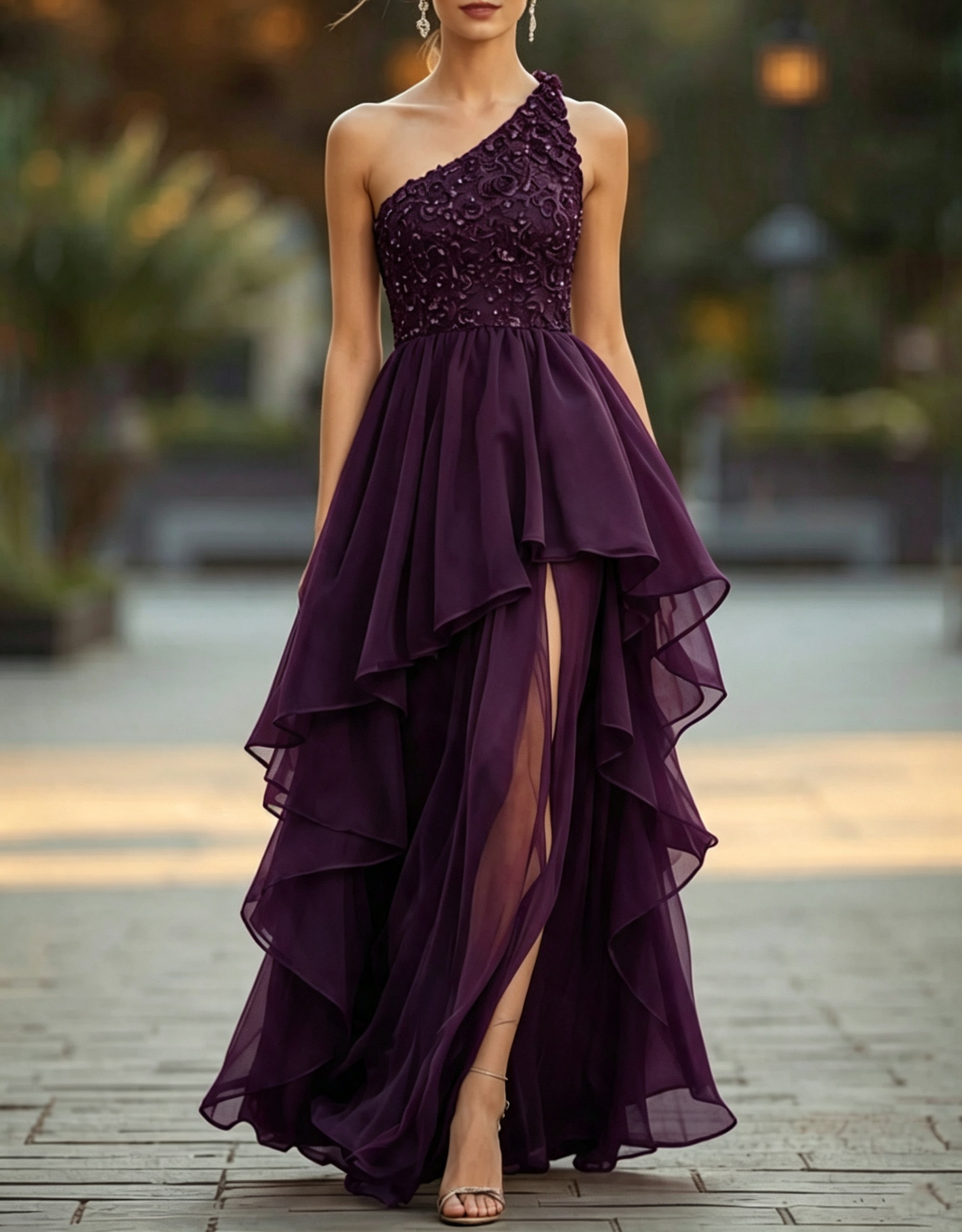 Vestido de noite comprido, de chiffon, linha A, com um ombro, aplicações de renda, camadas e abertura lateral