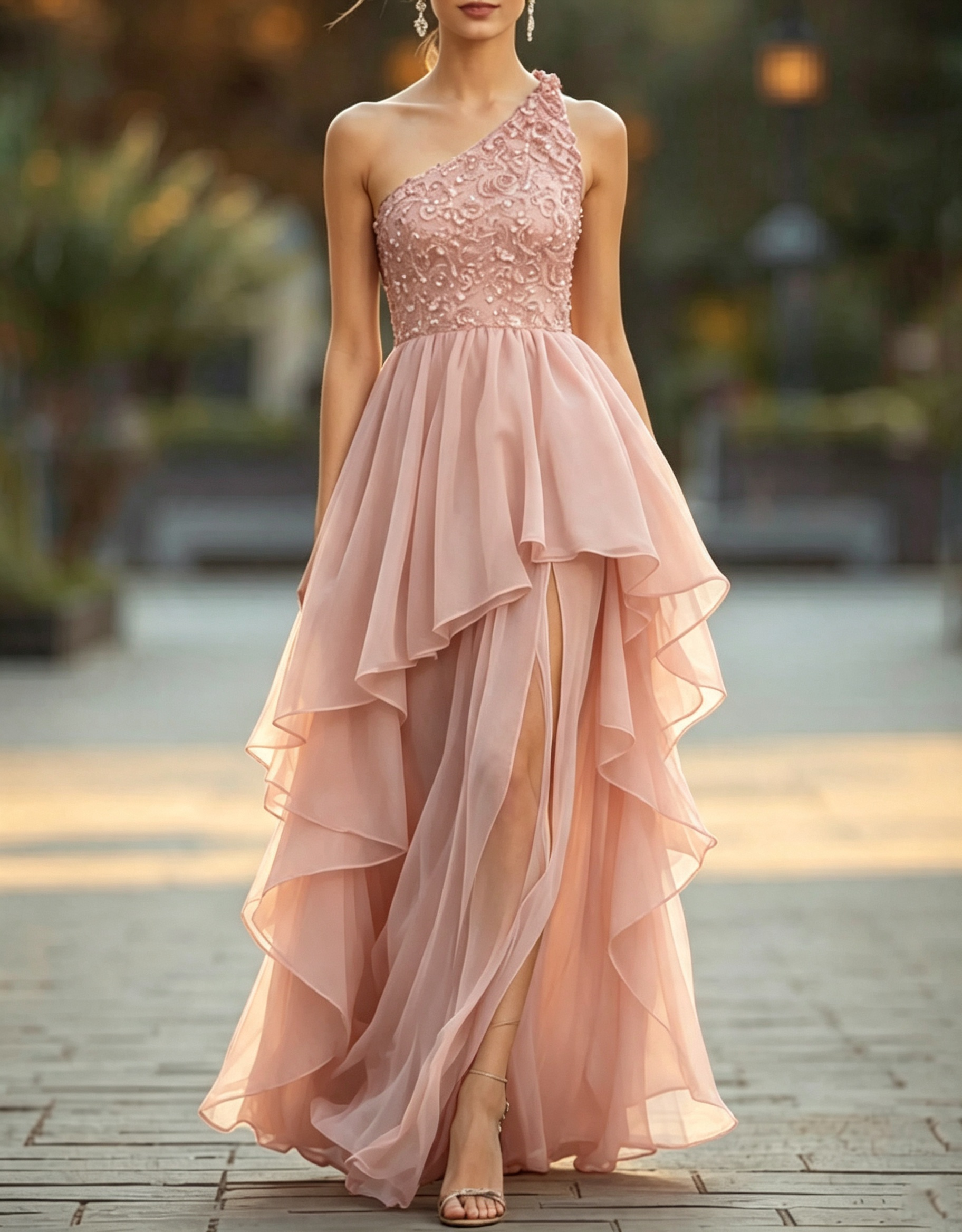 Vestido de noite comprido, de chiffon, linha A, com um ombro, aplicações de renda, camadas e abertura lateral