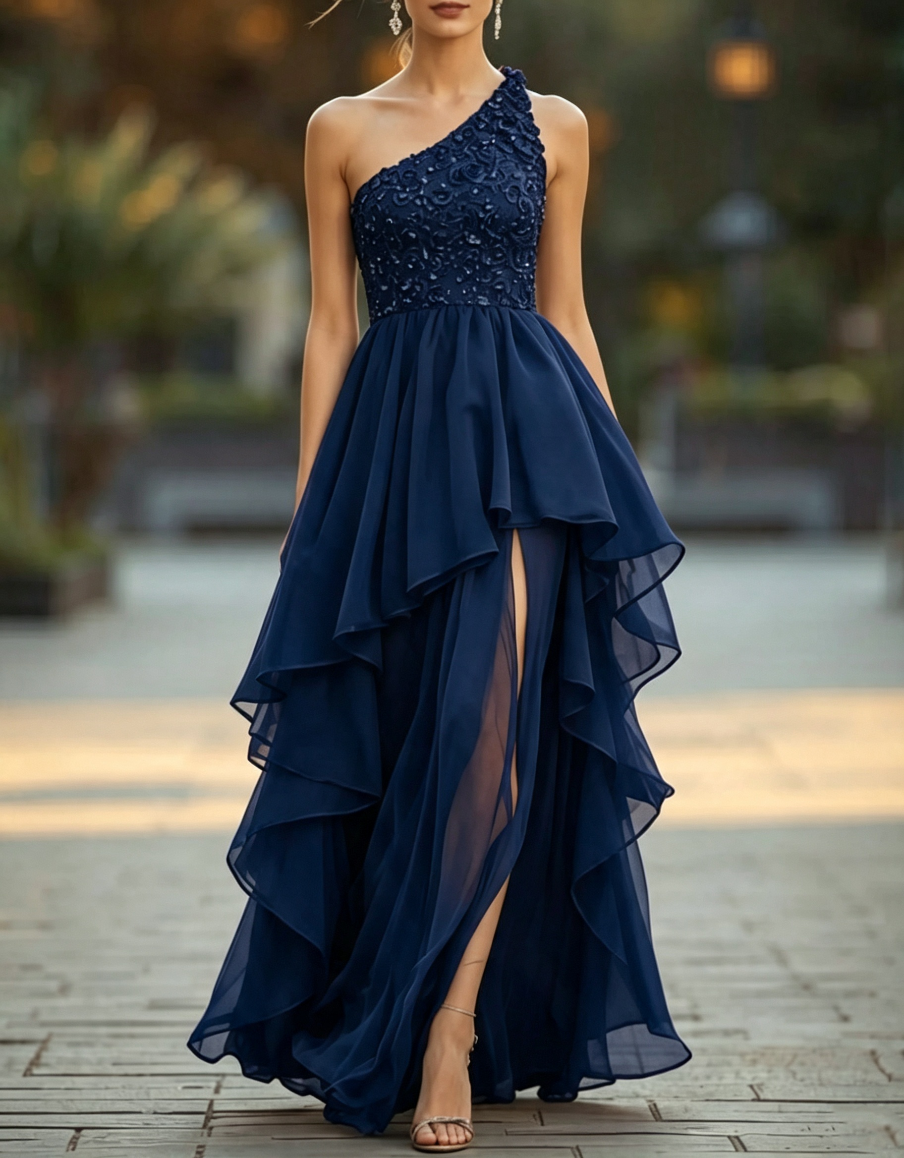 Vestido de noite comprido, de chiffon, linha A, com um ombro, aplicações de renda, camadas e abertura lateral