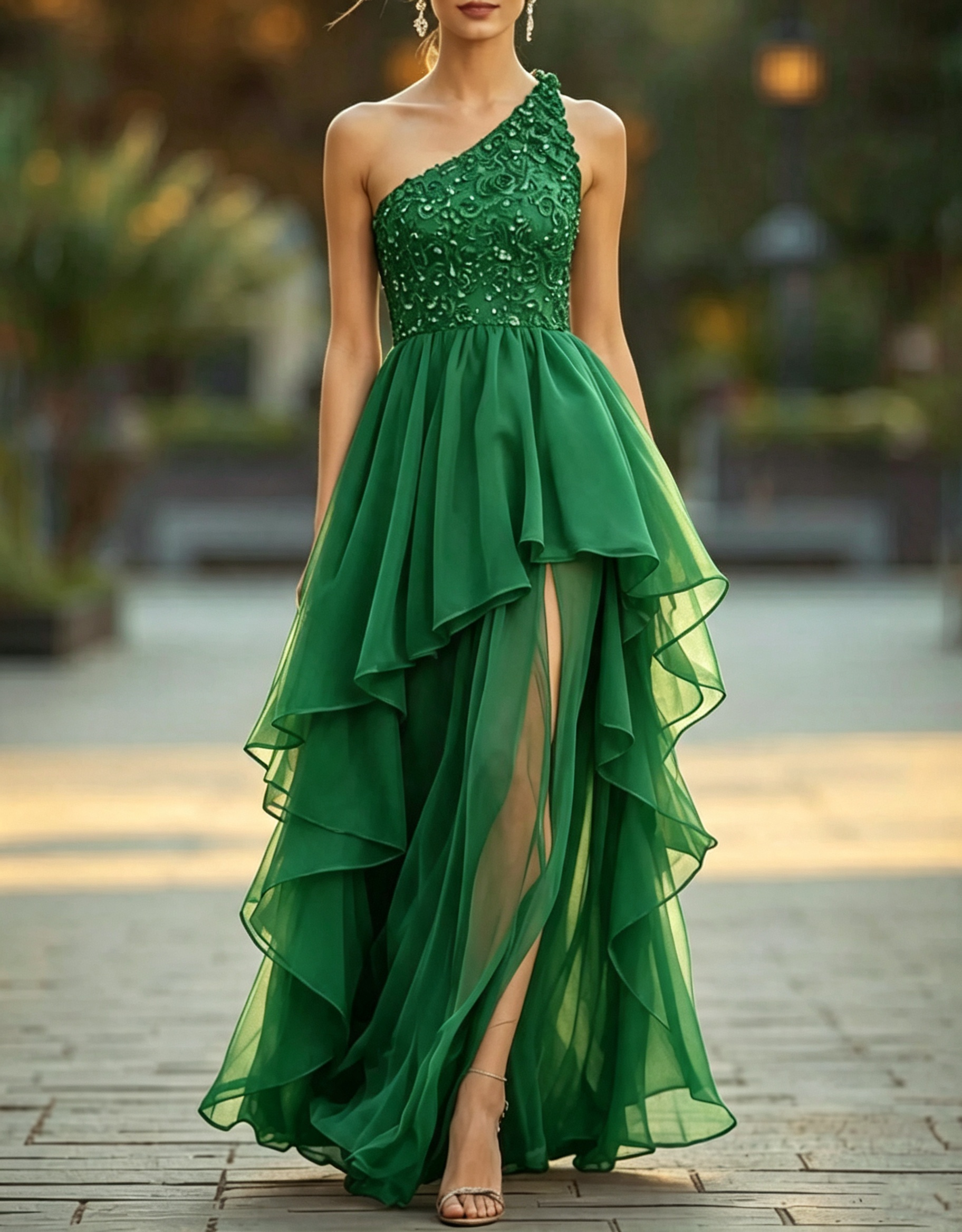 Vestido de noite comprido, de chiffon, linha A, com um ombro, aplicações de renda, camadas e abertura lateral