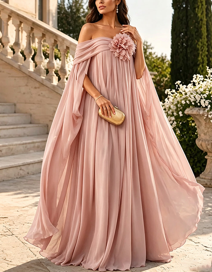 Chiffon-Maxikleid mit schulterfreiem Cape-Ärmel und 3D-Blumen unerquicklich