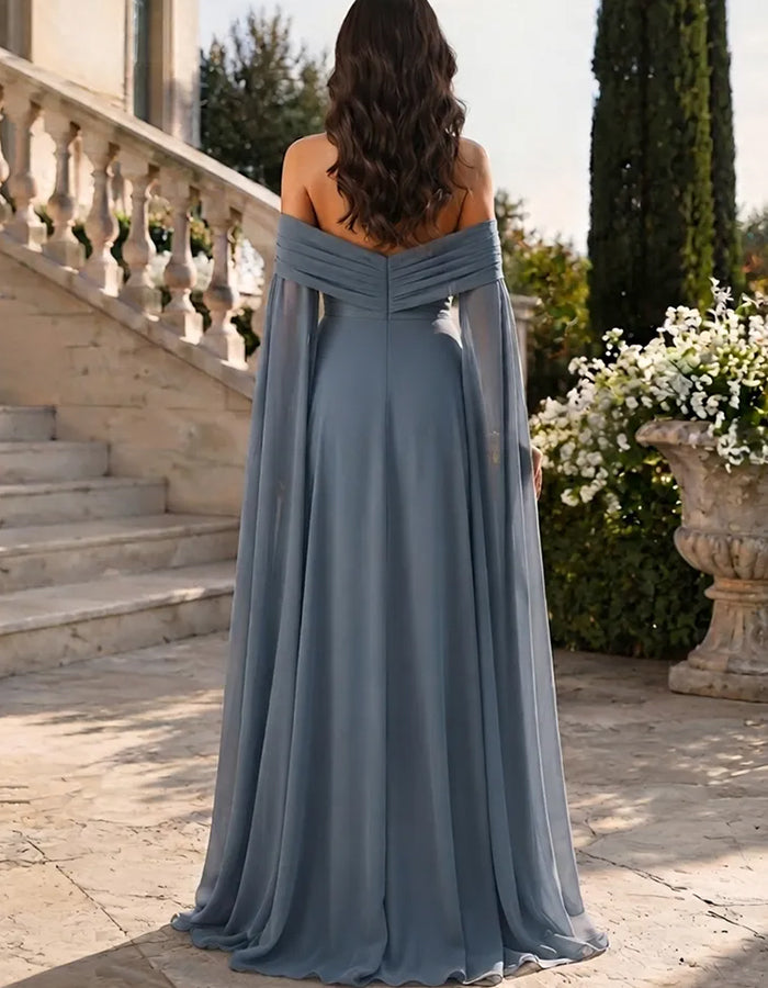Chiffon-Maxikleid mit schulterfreiem Cape-Ärmel und 3D-Blumen unerquicklich