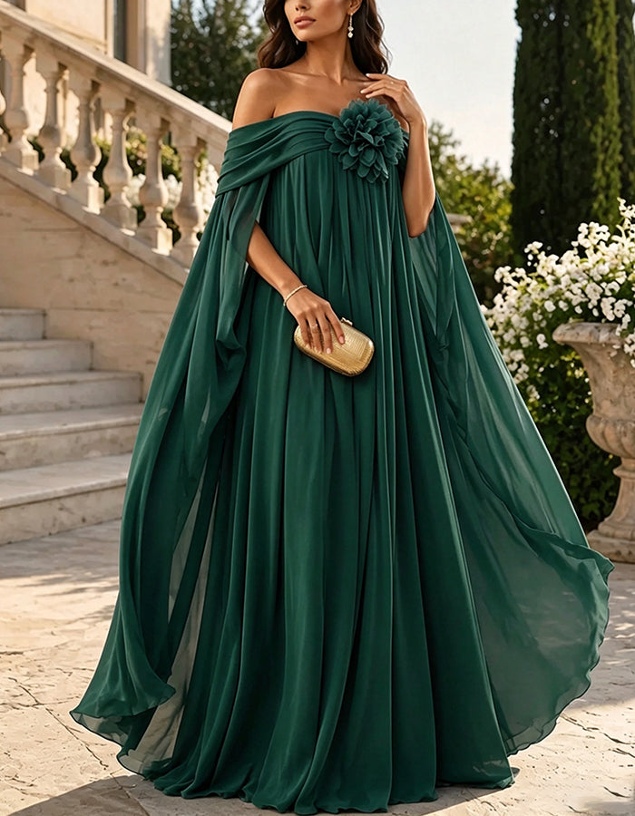 Chiffon-Maxikleid mit schulterfreiem Cape-Ärmel und 3D-Blumen unerquicklich