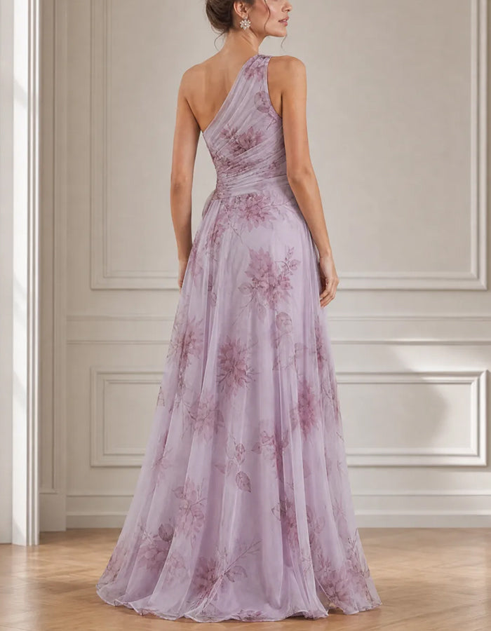 Lavendelfarbenes florales Chiffon-Maxikleid mit One-Shoulder-Träger und hohem Schlitz