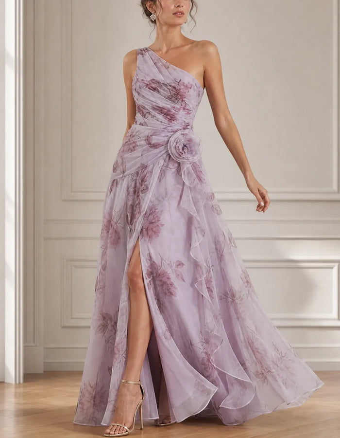 Lavendelfarbenes florales Chiffon-Maxikleid mit One-Shoulder-Träger und hohem Schlitz